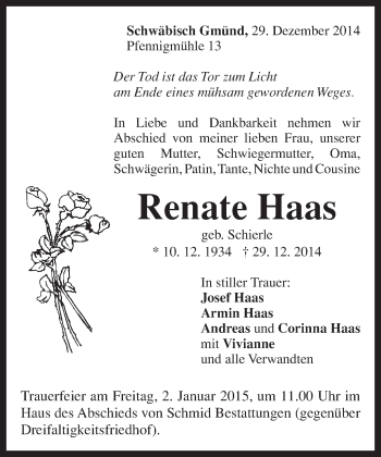 Traueranzeige von Renate Haas von Gmünder Tagespost