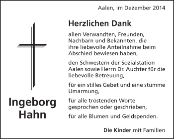 Traueranzeige von Ingeborg Hahn von Schwäbische Post