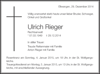 Traueranzeige von Ulrich Rieger von Schwäbische Post