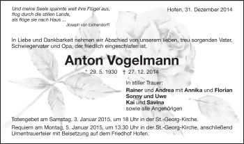 Traueranzeige von Anton Vogelmann von Schwäbische Post