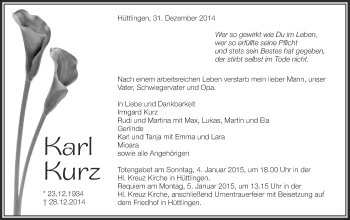 Traueranzeige von Karl Kurz von Schwäbische Post