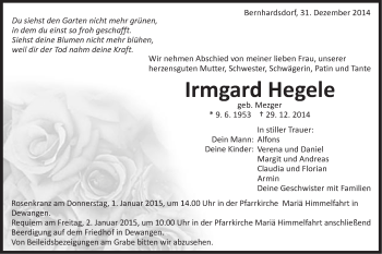 Traueranzeige von Irmgard Hegele von Schwäbische Post