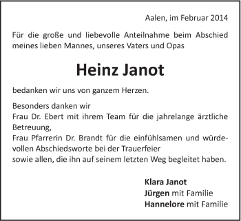 Traueranzeige von Heinz Janot von Schwäbische Post