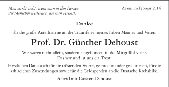 Traueranzeige von Günther Dehoust von Schwäbische Post