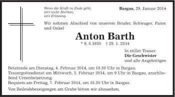 Traueranzeige von Anton Barth von Gmünder Tagespost