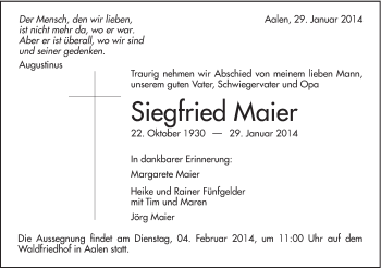 Traueranzeige von Siegfried Maier von Schwäbische Post