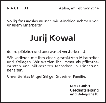 Traueranzeige von Jurij Kowal von Schwäbische Post