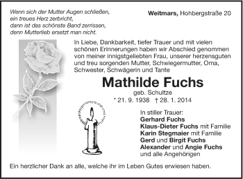 Traueranzeige von Mathilde Fuchs von Gmünder Tagespost