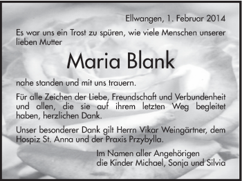 Traueranzeige von Maria Blank von Schwäbische Post