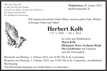 Traueranzeige von Herbert Kolb von Gmünder Tagespost