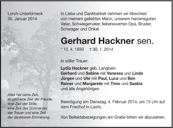 Traueranzeige von Gerhard Hackner von Gmünder Tagespost