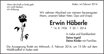 Traueranzeige von Erwin Häberle von Schwäbische Post
