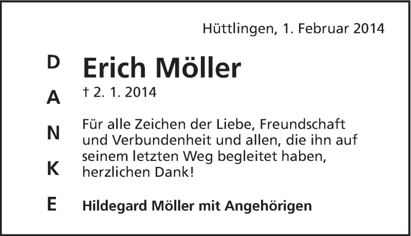  Traueranzeige für Erich Möller vom 01.02.2014 aus Schwäbische Post