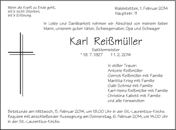 Traueranzeige von Karl Reißmüller von Gmünder Tagespost