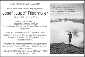 Traueranzeige von Josef Riedmüller von Schwäbische Post