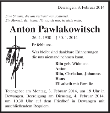 Traueranzeige von Anton Pawlakowitsch von Schwäbische Post