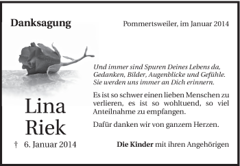 Traueranzeige von Lina Riek von Schwäbische Post