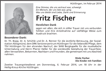 Traueranzeige von Fritz Fischer von Schwäbische Post