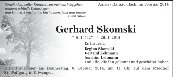 Traueranzeige von Gerhard Skomski von Schwäbische Post