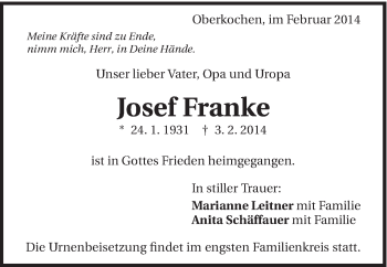 Traueranzeige von Josef Franke von Schwäbische Post