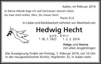 Traueranzeige von Hedwig Hecht von Schwäbische Post