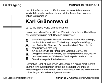 Traueranzeige von Karl Grünenwald von Gmünder Tagespost