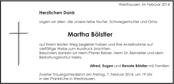 Traueranzeige von Martha Bölstler von Schwäbische Post