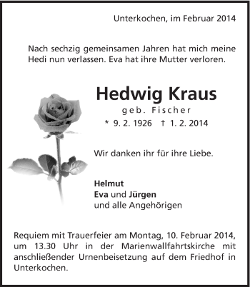 Traueranzeige von Hedwig Kraus von Schwäbische Post