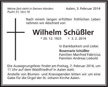 Traueranzeige von Wilhelm Schüßler von Schwäbische Post