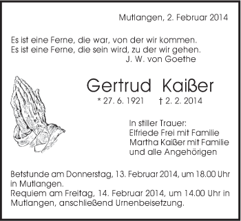 Traueranzeige von Gertrud Kaißer von Gmünder Tagespost
