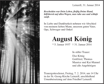 Traueranzeige von August König von Gmünder Tagespost