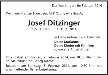 Traueranzeige von Josef Ditzinger von Schwäbische Post