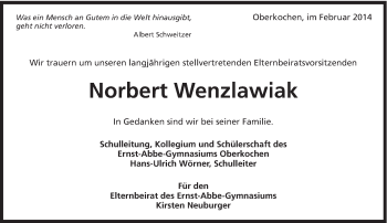 Traueranzeige von Norbert Wenzlawiak von Schwäbische Post