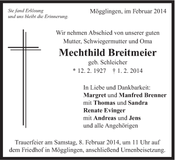 Traueranzeige von Mechthild Breitmeier von Gmünder Tagespost