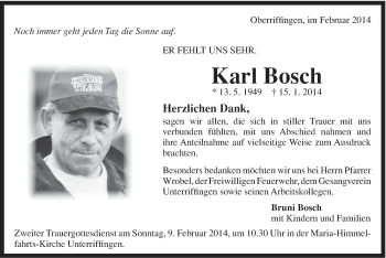 Traueranzeige von Karl Bosch von Schwäbische Post