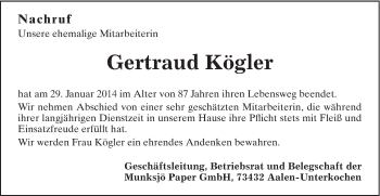 Traueranzeige von Gertraud Kögler von Schwäbische Post