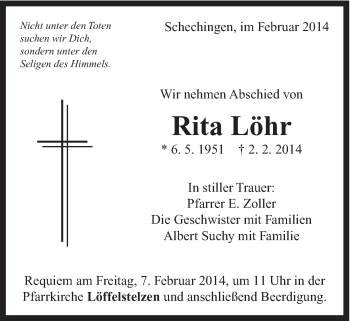 Traueranzeige von Rita Löhr von Gmünder Tagespost