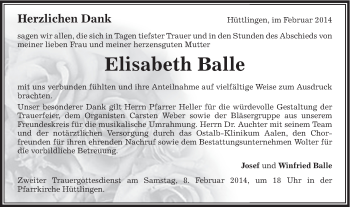 Traueranzeige von Elisabeth Balle von Schwäbische Post