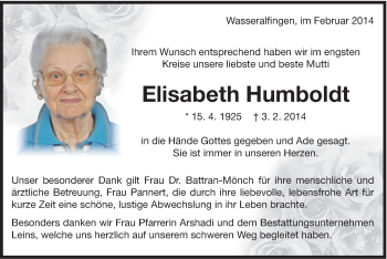 Traueranzeige von Elisabeth Humboldt von Schwäbische Post