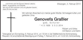Traueranzeige von Genovefa Graßler von Schwäbische Post