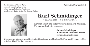 Traueranzeige von Karl Schmidinger von Schwäbische Post