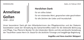 Traueranzeige von Anneliese Gollan von Schwäbische Post