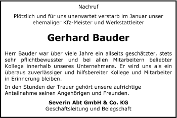 Traueranzeige von Gerhard Bauder von Gmünder Tagespost