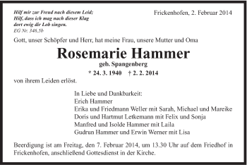 Traueranzeige von Rosemarie Hammer von Gmünder Tagespost