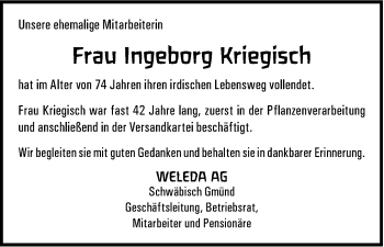 Traueranzeige von Ingeborg Kriegisch von Gmünder Tagespost