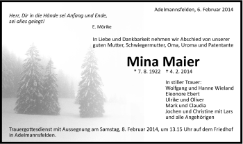 Traueranzeige von Mina Maier von Schwäbische Post