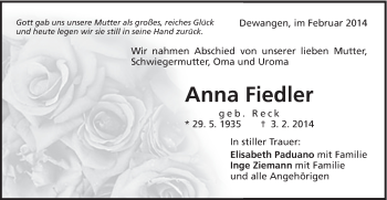Traueranzeige von Anna Fiedler von Schwäbische Post