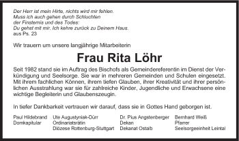 Traueranzeige von Rita Löhr von Gmünder Tagespost