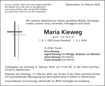 Traueranzeige von Maria Kieweg von Schwäbische Post