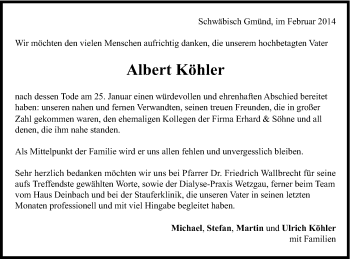 Traueranzeige von Albert Köhler von Gmünder Tagespost